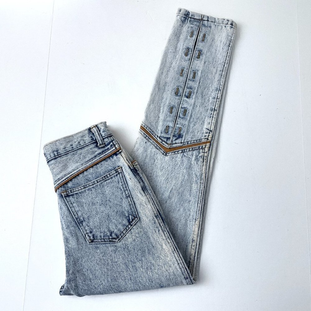 Vintage Rio Women's Jeans High Rise Faux Leather Trim Light Acid Wash size 7